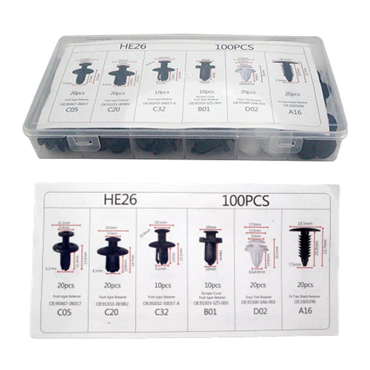 100pcs Auto Fastener Clip Kit – Fender Rivet & Body Push Retainer Clips