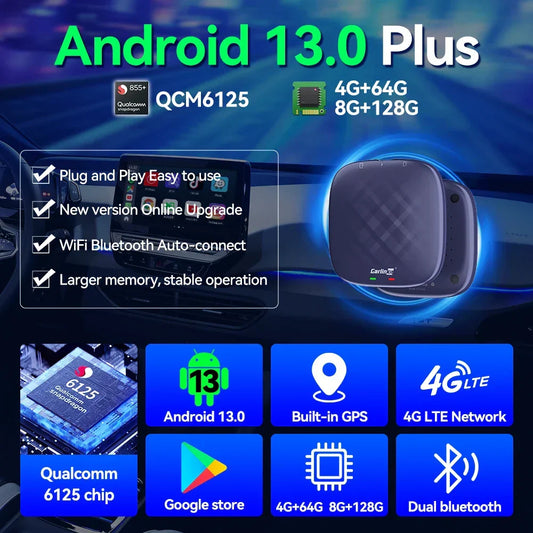 CarlinKit Android 13 AI TV Box – Wireless CarPlay & Android Auto Adapter with 8-Core QCM6125, 64GB/128GB Storage