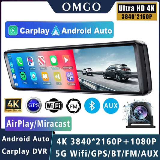 11.26" 4K 2160P Car DVR – Rear View Mirror Dash Cam with CarPlay & Android Auto